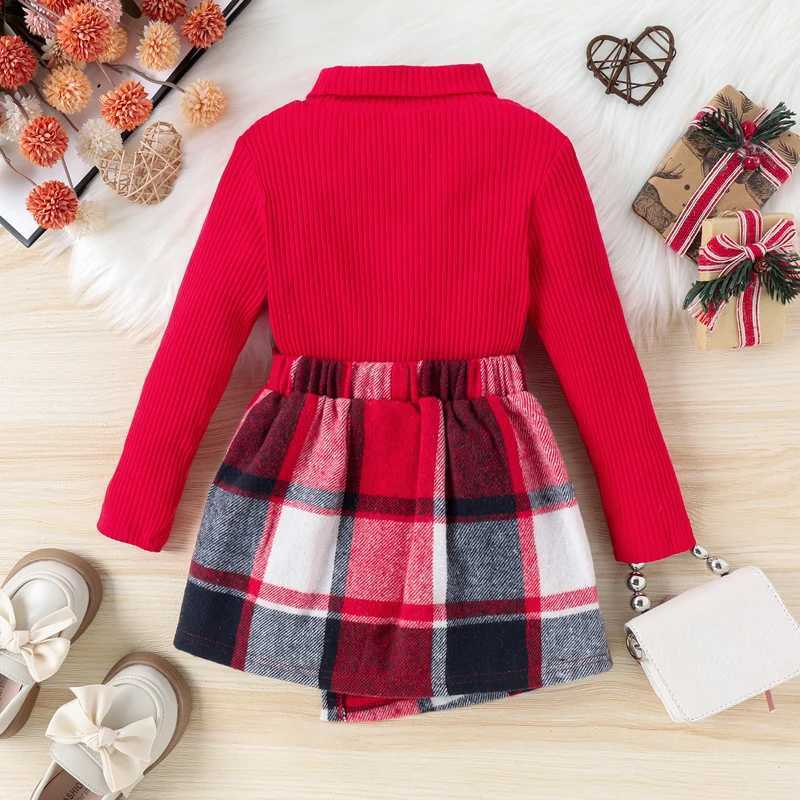 Children and Girls Autumn Clothing Christmas Party Set Long Sleeve Turtle Neck Knitted Ribbed Top+Checkered Mini Skirt 2-piece Set for Girls W241213