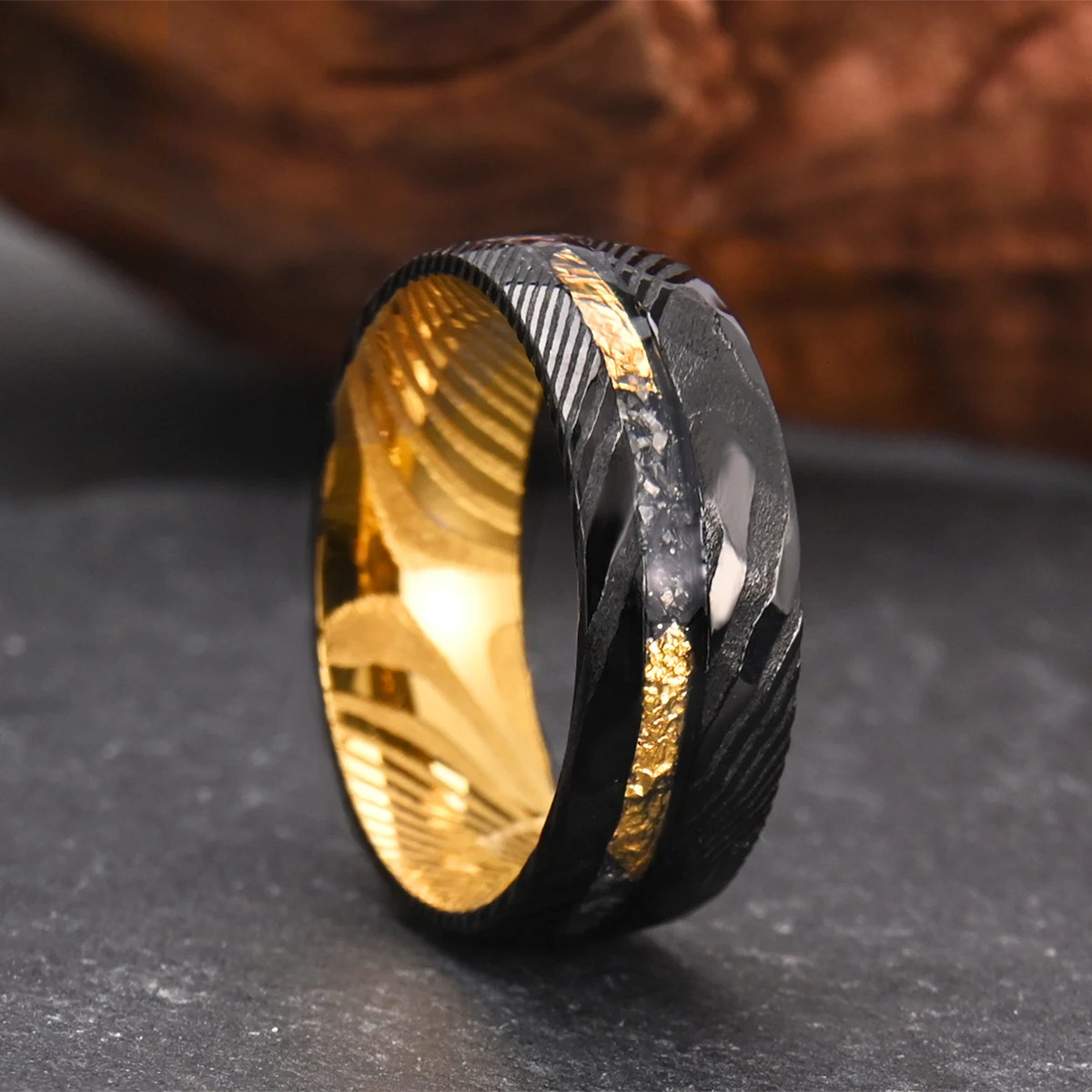 Black hammered Damascus steel mens 8mm couple wedding engagement ring daily fashion wear holiday gift 241213