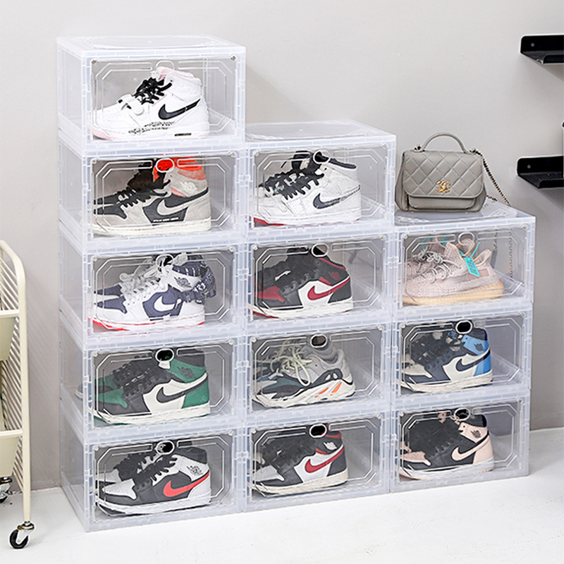 Assembly free integrated magnetic side opening basketball shoe box acrylic transparent storage shoe box foldable and easy to use with just one pull