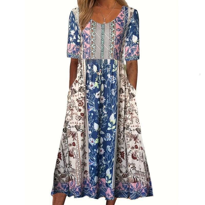 European And American New Women's Casual Round Neck Pullover Short Sleeved Printed Pleated Waist Cinching Long Skirt Dress Fashionable Quality Cl