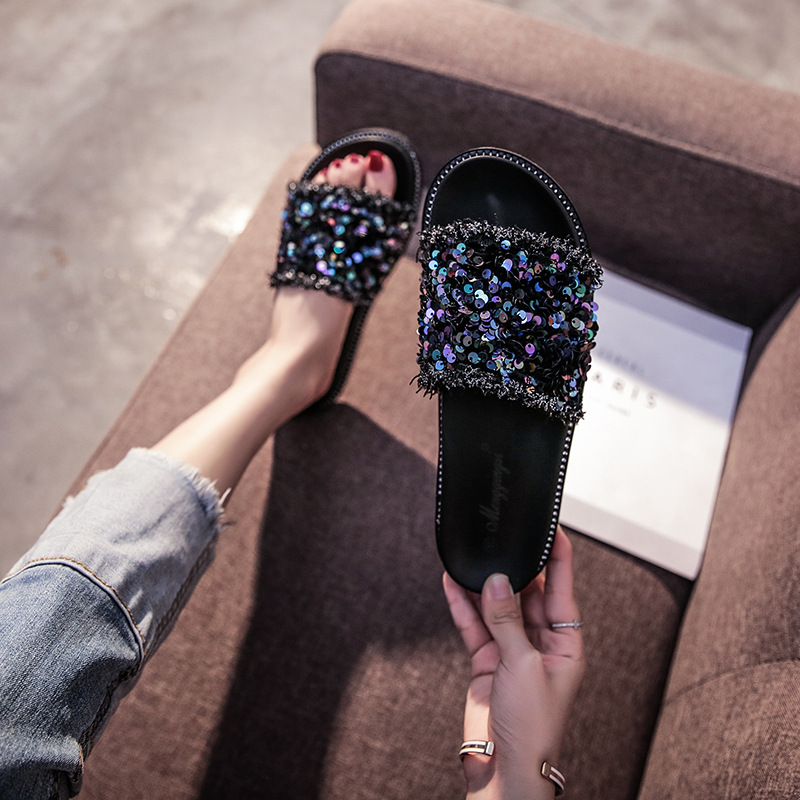 Net slippers summer fashion NEW sequins wear net red thick sole flip-ps non-slip sandals big size women's shoes 33-43