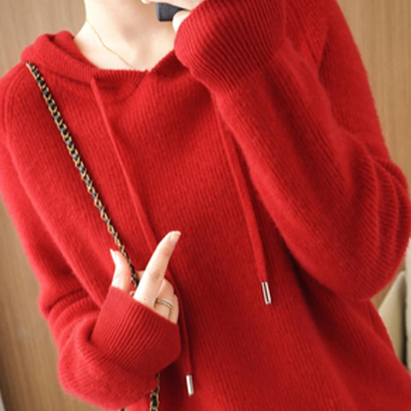 Winter Womens Knitted Cashmere Pullover Fashion Wool Sweater Hooded Neck Long Sleeve plane Soft warm highquality Basics Tops 241203
