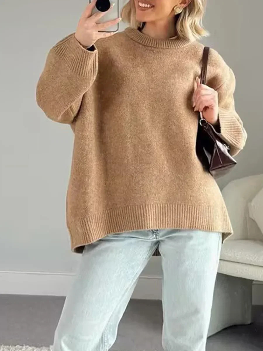 Womens Autumn Winter Knit Sweater Casual Loose Long Sleeve O Neck Solid Color Knitwear Female Fall Knitted Pullovers Tops Daily 241203
