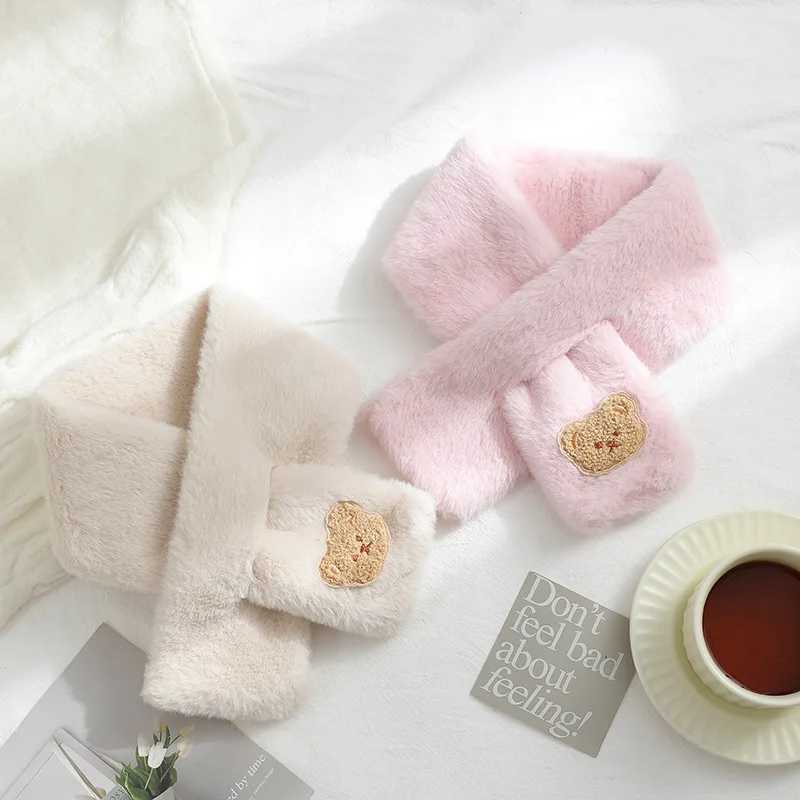 Scarves Wraps Cute Bear Embroidered Baby Scarf Winter Warm Plush Toddler Neckerchief Korean Cartoon Imitation Rabbit Fur Kids Scarves H241213