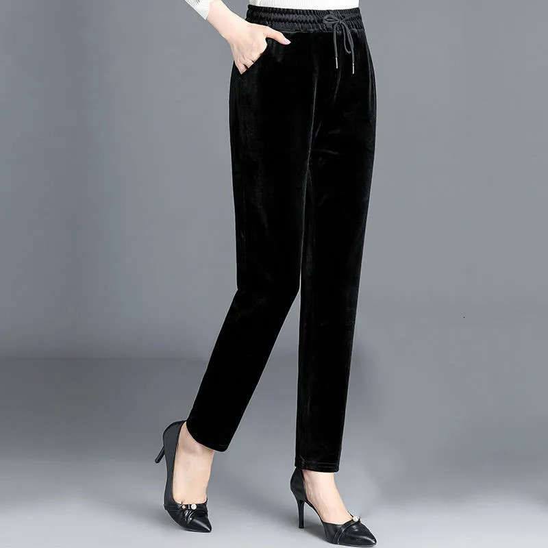 Winter womens gold velvet pants casual loose straight pants womens autumn elastic waist Trousers 5XL black W24 241205