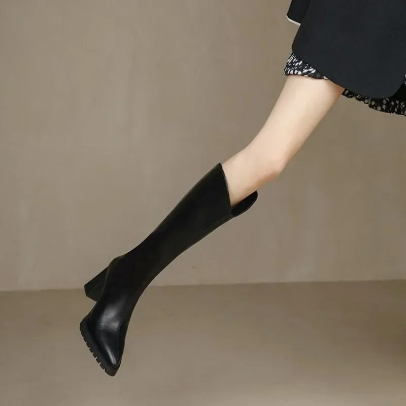 Pointed Toe High Heels Womens Knee High Heels Leather Shoes 2025 Winter Sexy Gladiator Short Fat Chelsea Boots Pump MUJI Botas 241213