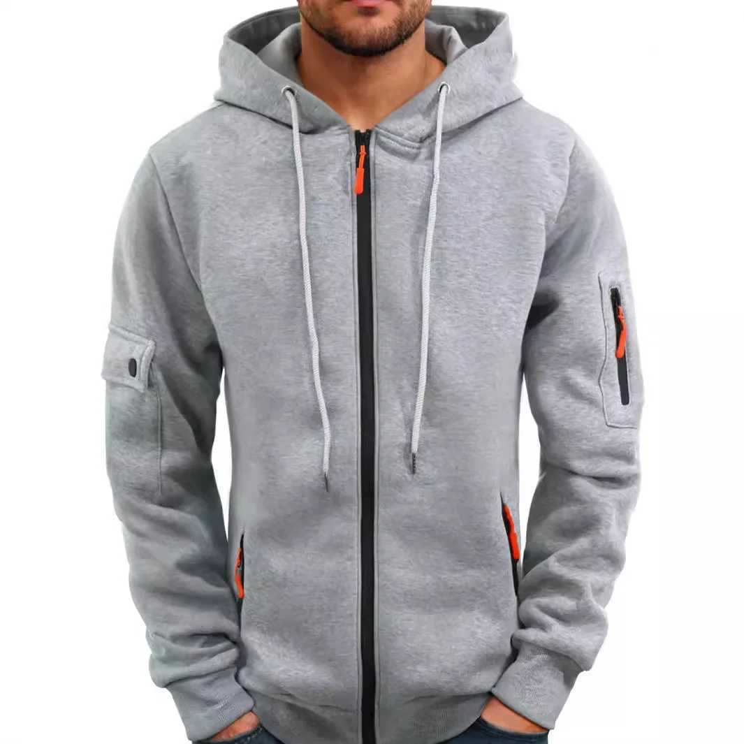 Autumn and Winter Mens New Outdoor Sports Tool Style Casual and Comfortable Open Zipper Solid Color Arm Pocket Hoodie W241213