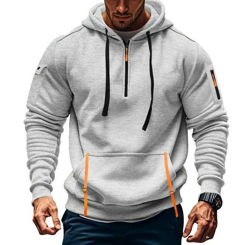 Autumn and Winter New Mens Outdoor Sports Tooling Wind leisure comfortable solid color arm pocket zipper long-sleeved hoodie W241213