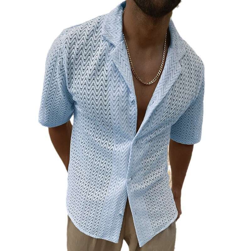 European And American New Casual Fashion Solid Color Lapel Button Lace Short Sleeved Hollow Shirt Top Fashionable Quality Classic