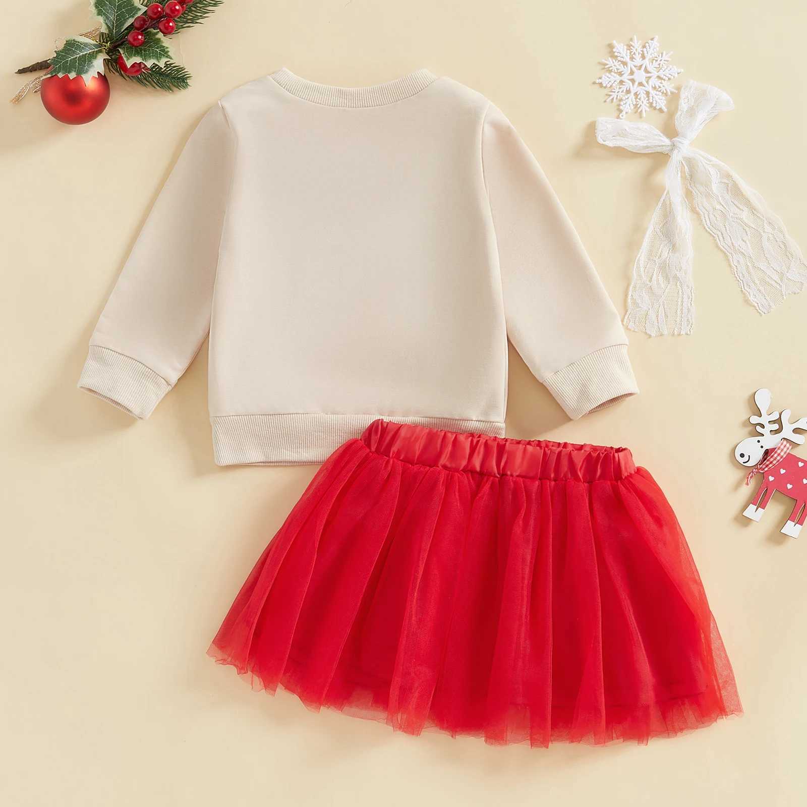 1-4Years Infant Baby Girls Kids Fall Outfits Bow Print Long Sleeve Sweatshirts with Red Tulle Tutu Skirts 2Pieces Christmas Sets W241213