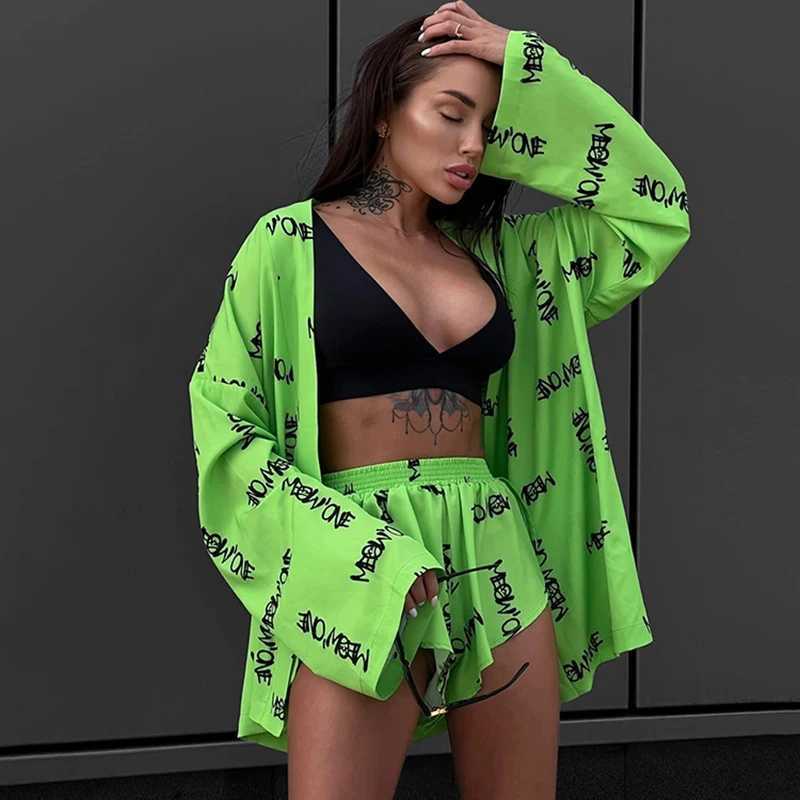 Women's Two Piece Pants Summer Two Piece Short Set New Loose Long Slved Womens Printed Casual Shirt With High Waisted Shorts Suit Y241213PH8I