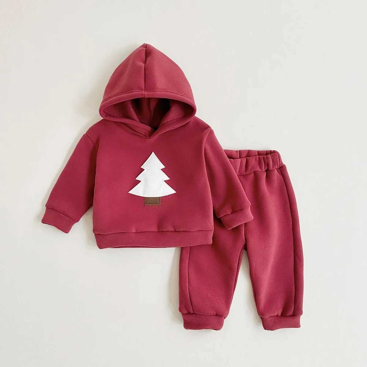 Winter baby clothing set hooded track set Christmas tree boy childrens clothing girl thick plush winter warm cotton jacket set W241213