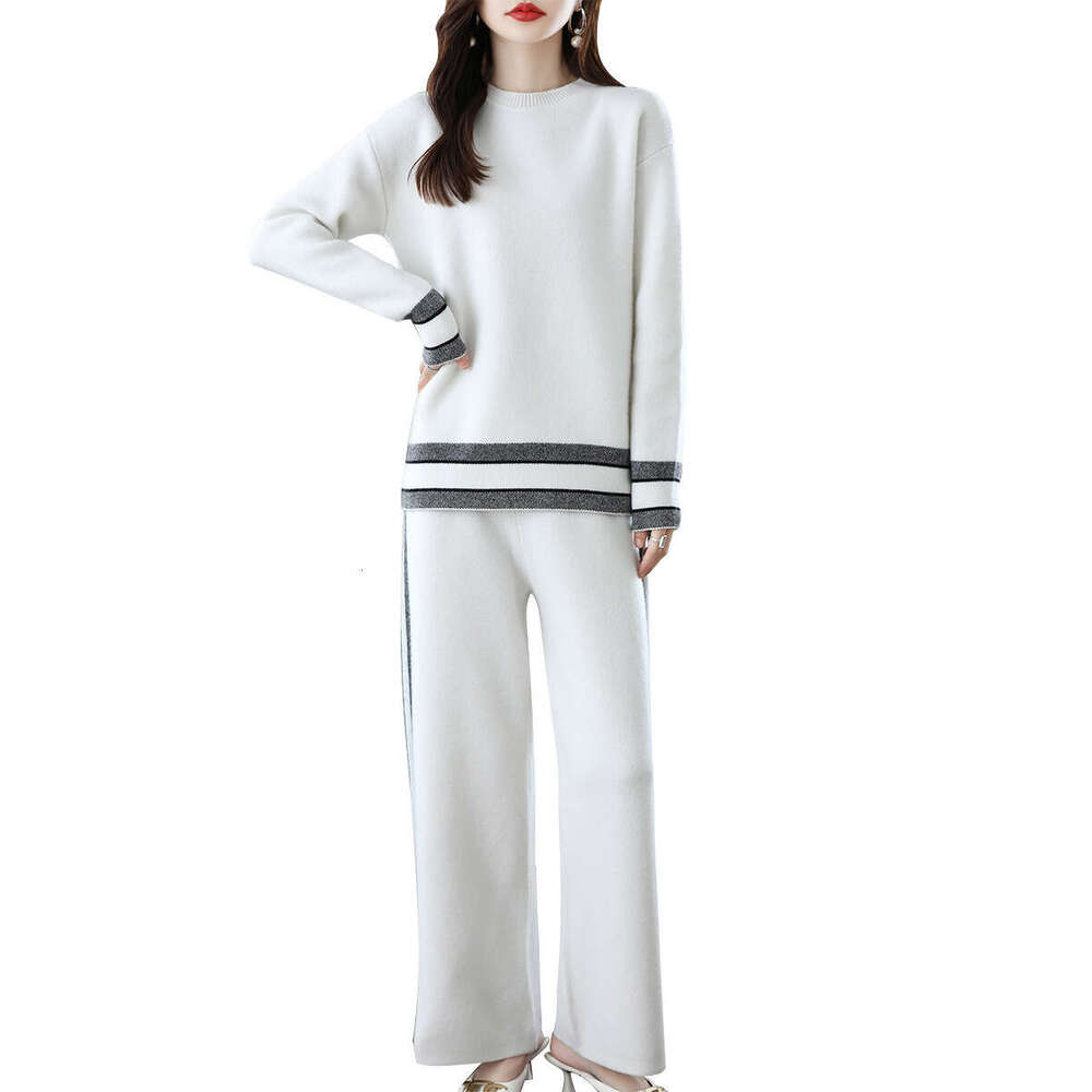 Ladies Suits 100% Merino Wool Women's O-Neck Pullover Autumn/Winter New Fashion Color Matching Casual Two-Piece Suit Female
