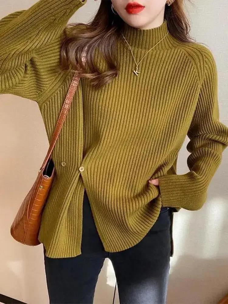 2024 Women Sweater Pullovers Turtlneck Casual Autumn Winter Split Fork Button Chic Female Slim Knit Top Soft Jumper Tops 241203