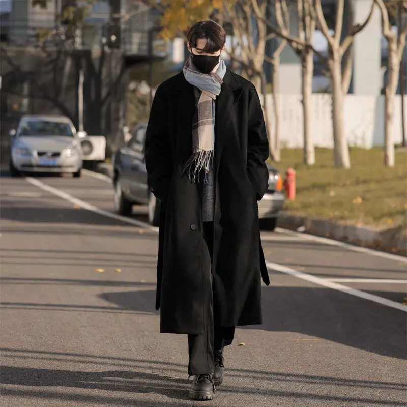 Korean medium to long knee woolen coat for autumn and winter men with excellent hand feel and cool sensation 241211