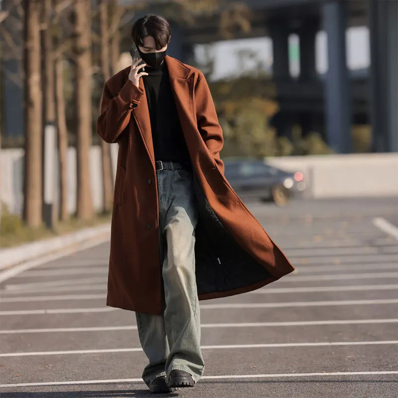 Korean medium to long knee woolen coat for autumn and winter men with excellent hand feel and cool sensation 241211