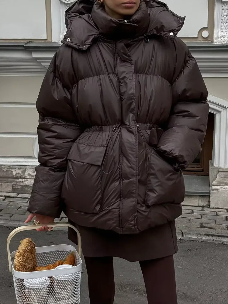 2024 Winter Solid Drawstring Quilted Cotton Coat Fashion Stand Collar Hooded Warm Jacket Lady Thicken Casual Streetwear 241212