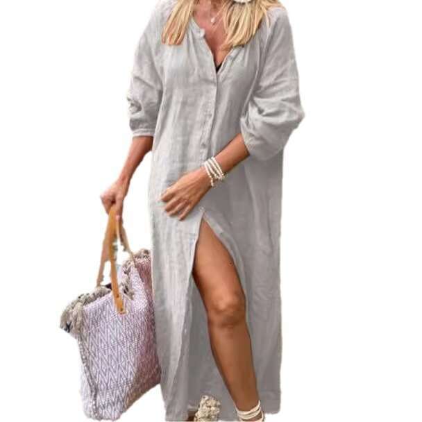 European American Women's New Cotton And En Simple Loose Sleeved Button Up Cardigan Long Shirt