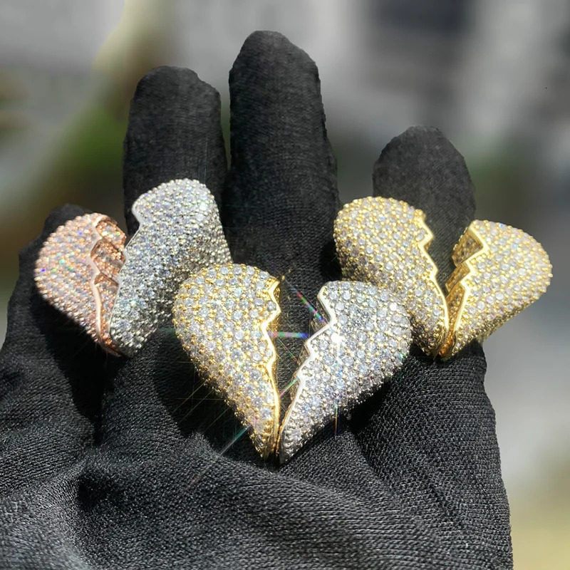 Hip Hop Rapper 5A CZ Stone Paved Bling Ice Out Broken Heart Rings for Men Women Unisex Lover Jewelry Gold Silver Color 241213