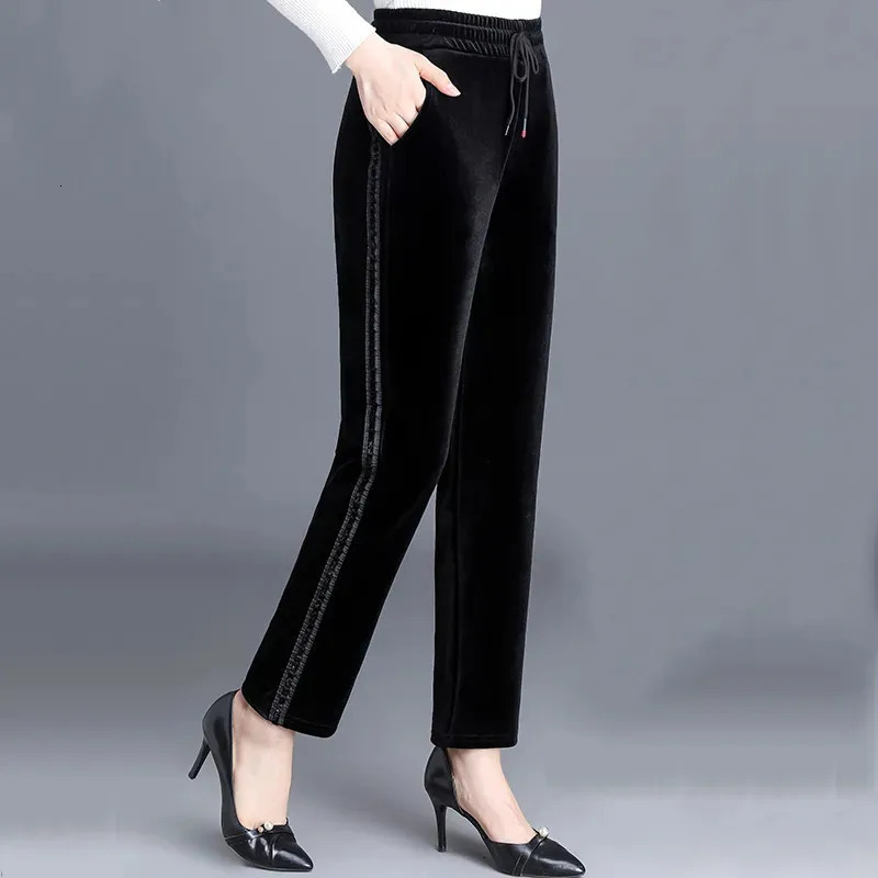 Winter womens gold velvet pants casual loose straight pants womens autumn elastic waist Trousers 5XL black W24 241205
