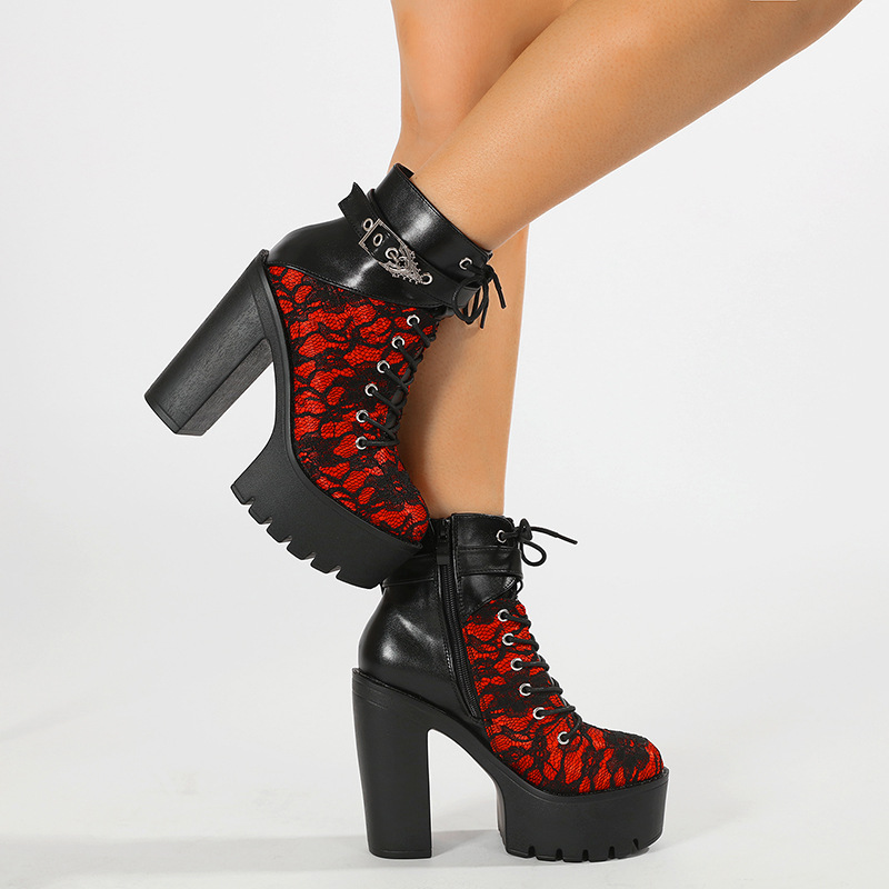 Women's Sexy Red Lace Up Platform High Heels - Vintage Inspired Gothic Buckled Ankle Boots
