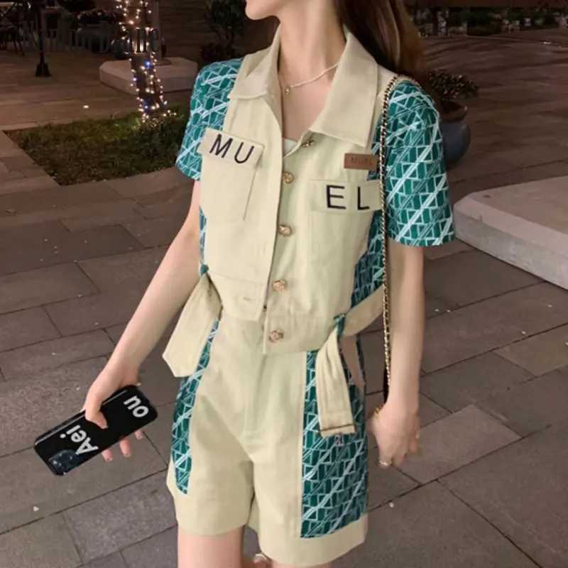 Women's Two Piece Pants Women Shorts Two Piece Set Short Slve Turn-down Collar Shirts High Waist Shorts New Retro Splicing Casual 2 Pecs For Offi