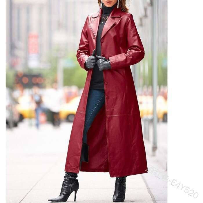 European American Women's Buttoned Long Coat, Slim Fit And Slimming, Plus Size Leather Windbreaker, Fashionable Quality, Classic
