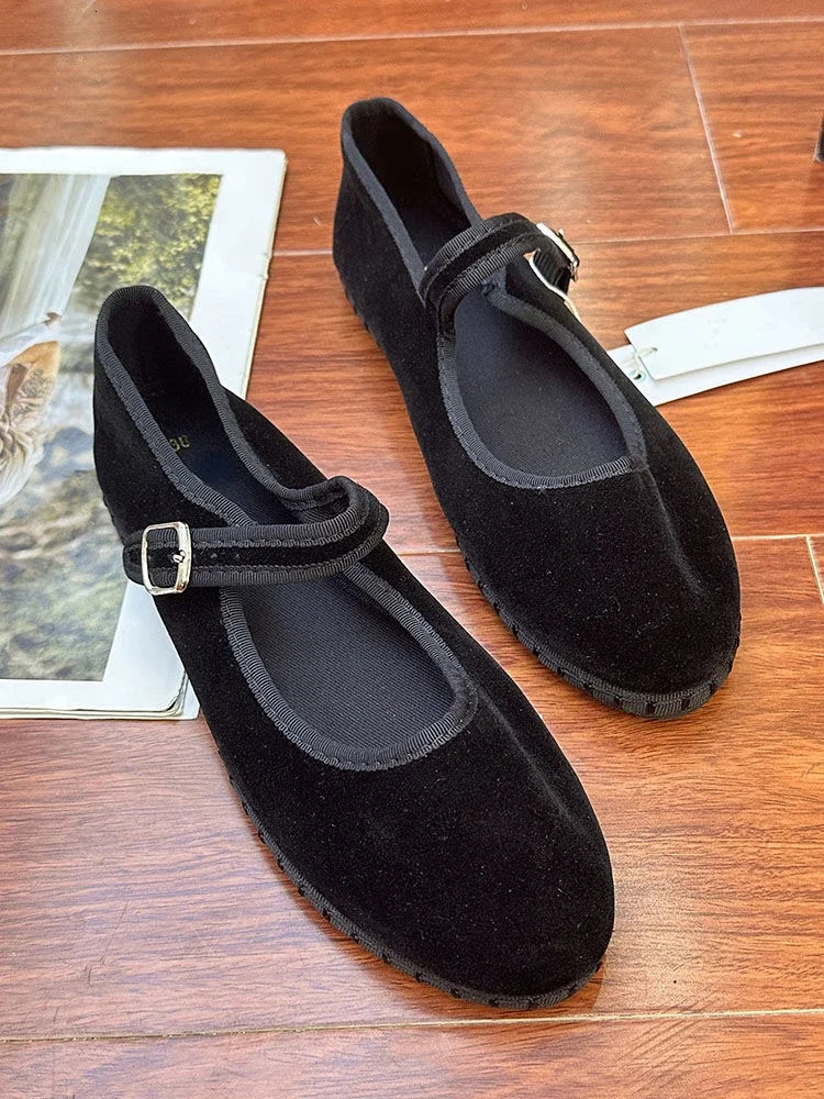 Elegant Mary Janes flat shoes womens black buckle shoulder strap light casual ballet shoes womens spring/summer canvas shoes 2024 241213