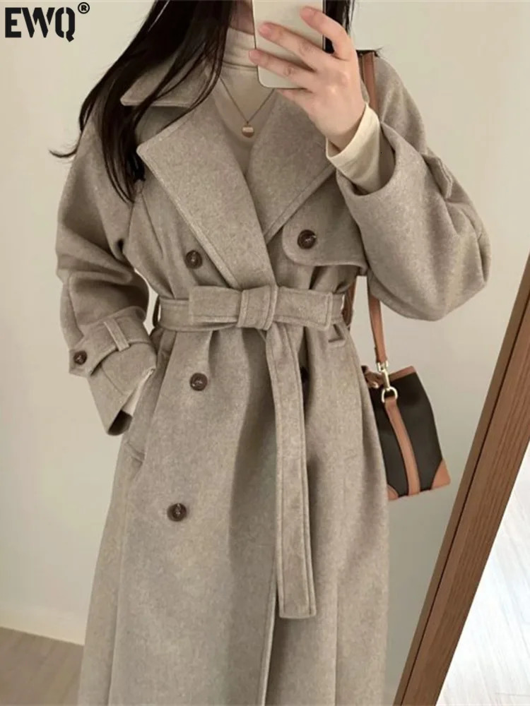 EWQ Korean Temperament Double Breasted Laceup Doublefaced Cashmere Coat Women Winter Thick Overcoats Autumn 16O2722 241213