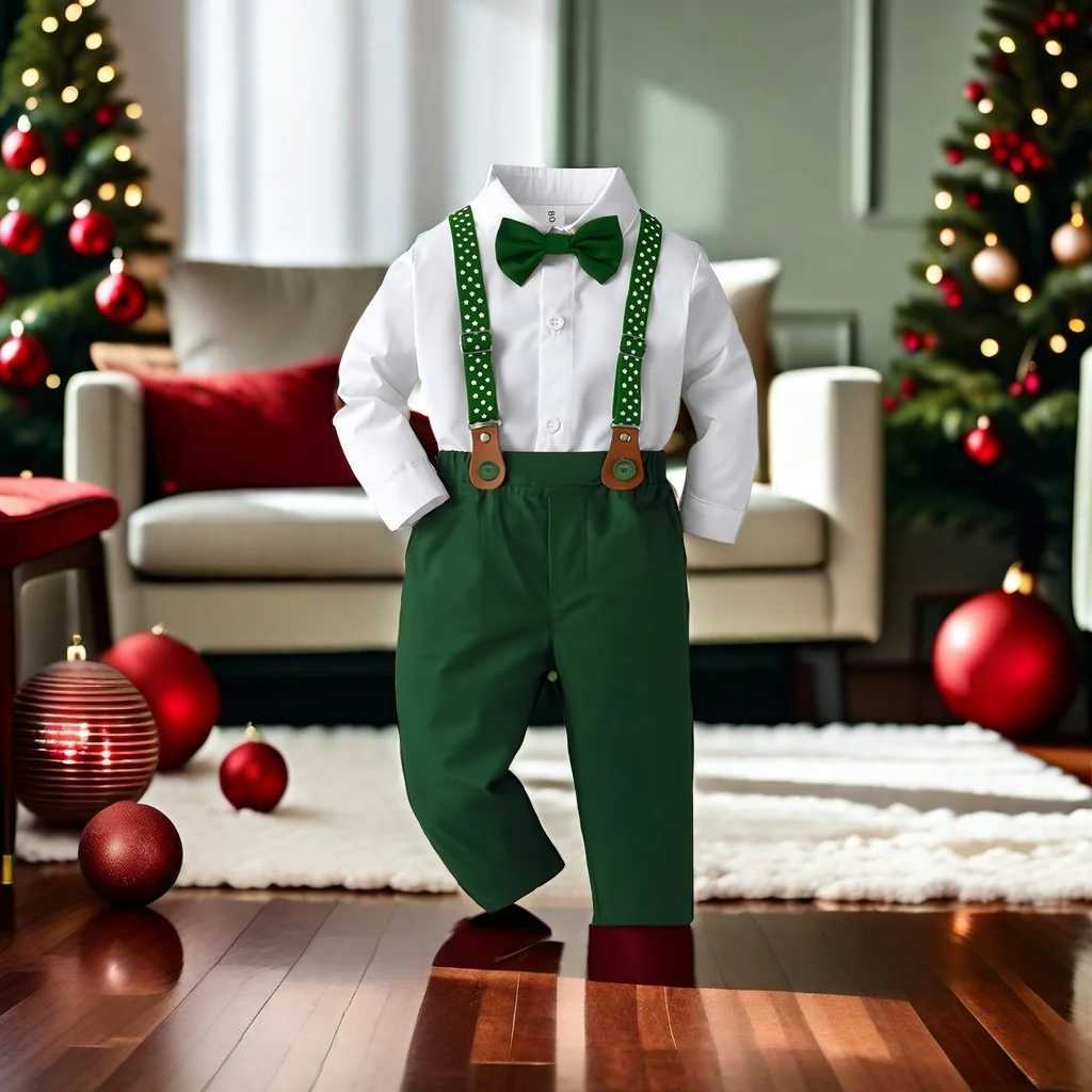 Christmas Outfit for 1-7 Years Boys Long Sleeve Solid 4PCS Sets Kid Gentleman Birthday Cotton Clothing Star Suspender Baby Suit W241213