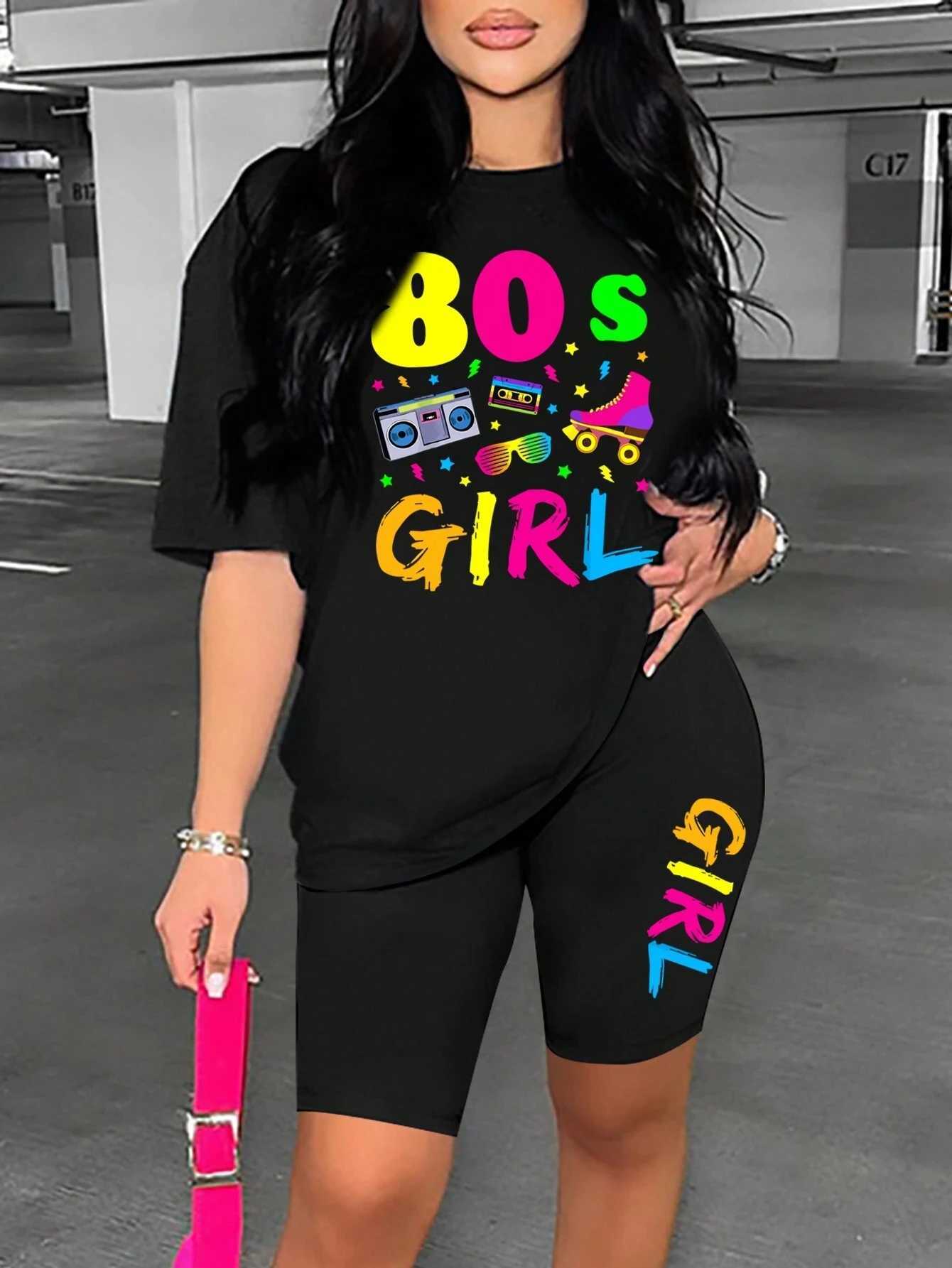 Women's Two Piece Pants 80 S Girl Colorful Printing Women T Shirts Two Piece Set Fashion Casual Short Sets Comfortable Breathable Shirt Shorts Fe