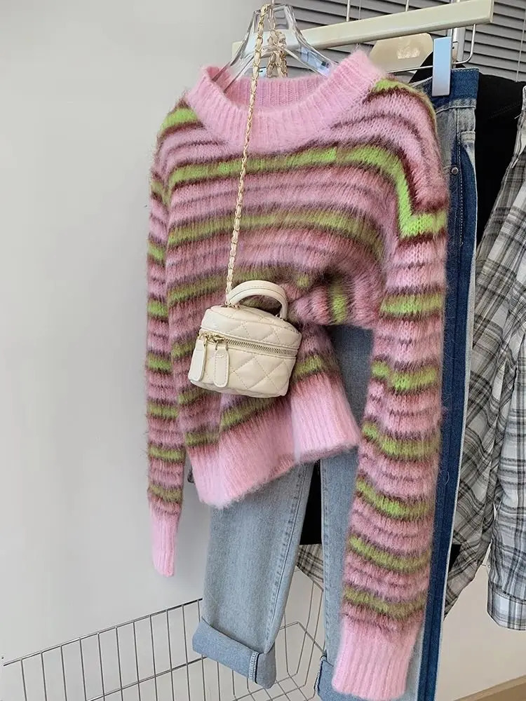 Korej Pull Womens Colored Blocked Striped Artificial Mink Sweater Autumn and Winter Retro Knitted Top Casual Zipper Clothing 241212