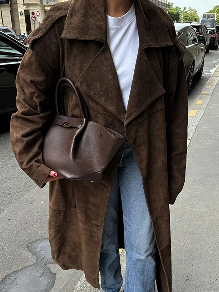 Fashion Brown Lapel Single Breasted Suede Leather Jackets For Women Chic Oversized Pockets Cropped Overcoat Lady Streetwear 241213