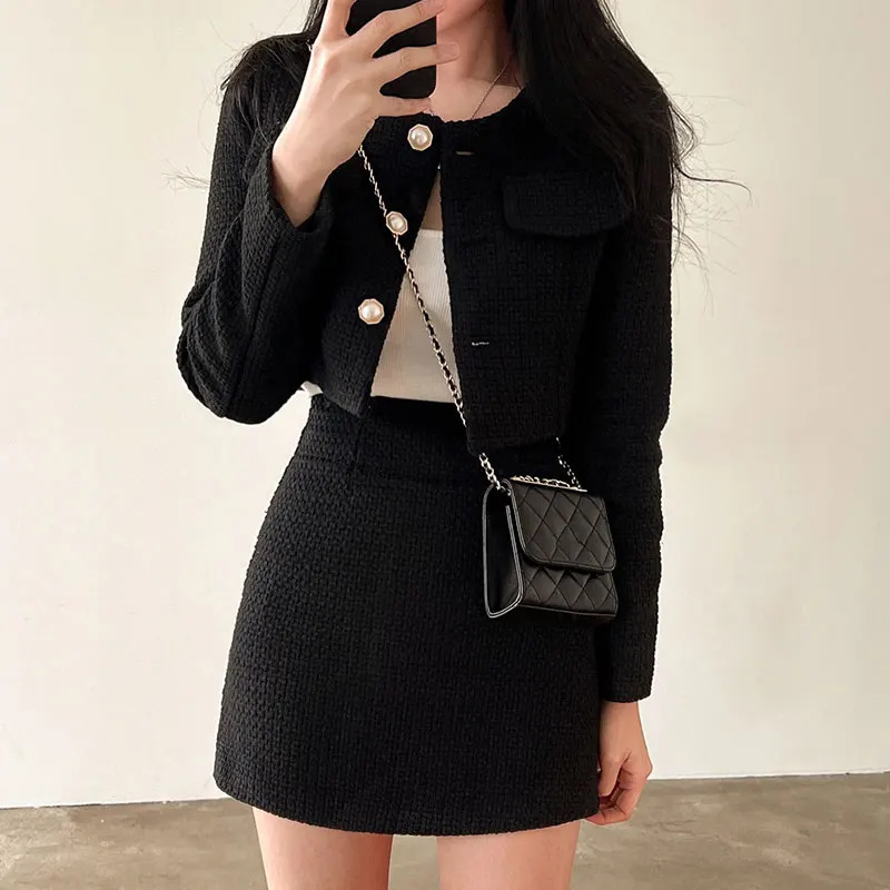 Hailier womens coarse woolen 2piece long sleeved pearl button short jacket and Aline mini skiing set for autumn winter clothing 241211