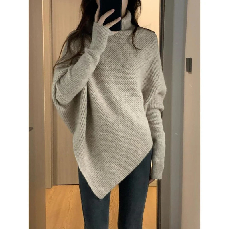 Autumn and Winter Womens Sweater Korean Fashion Casual Turtle Neck Solid Asymmetric Loose Batwing Sleeve Pulling Flower Knitted Top 241212
