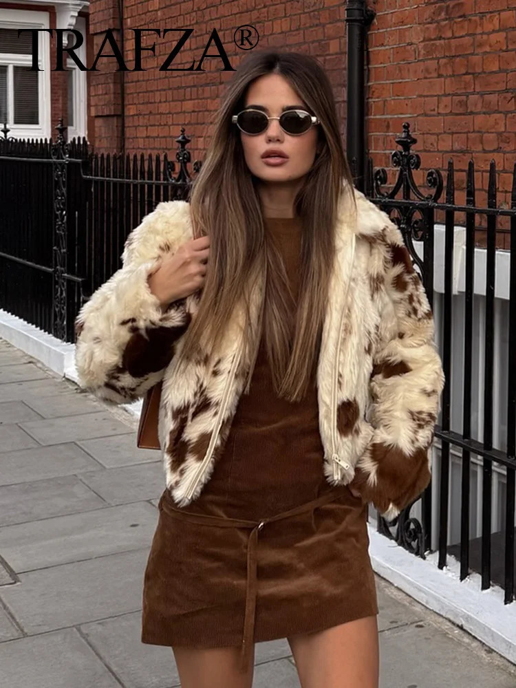 TRAFZA Women Casual Faux Fur Lapel Jacket Fashion Cow Print Autumn Winter Crop Zipper Coat Female Long Sleeve Fluffy Outwear 241212