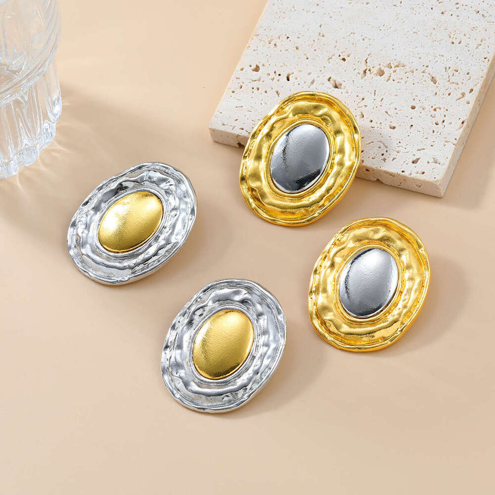 Summer New Alloy Exaggerated Women's Round Metallic Gold Sier Color blocked Earrings