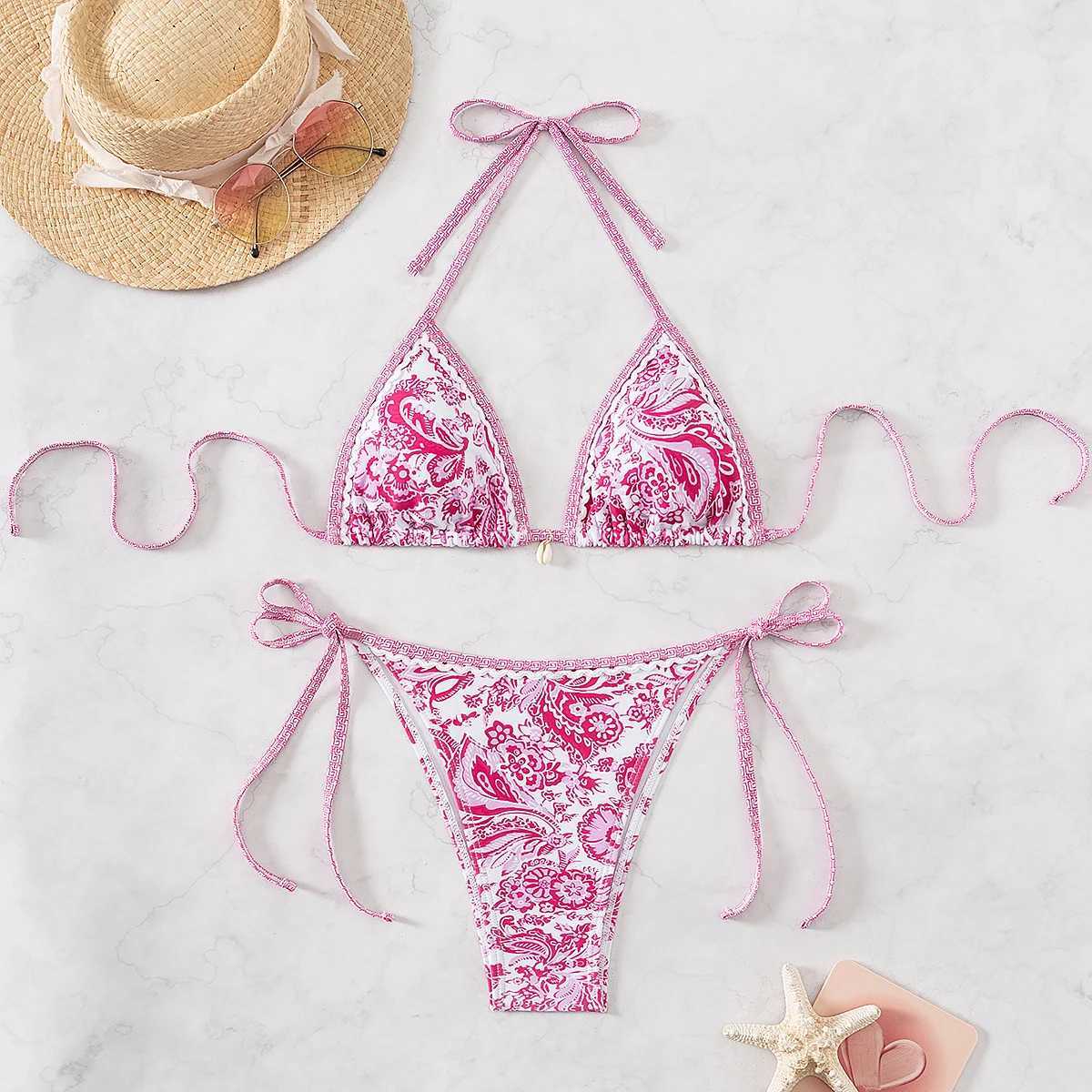 Print Flower Bikini Set Triang Pad Bra Low Waist Triang Beach Shorts Strip Tie Swimming Suit Fa Sexy SwimwearXJ241212