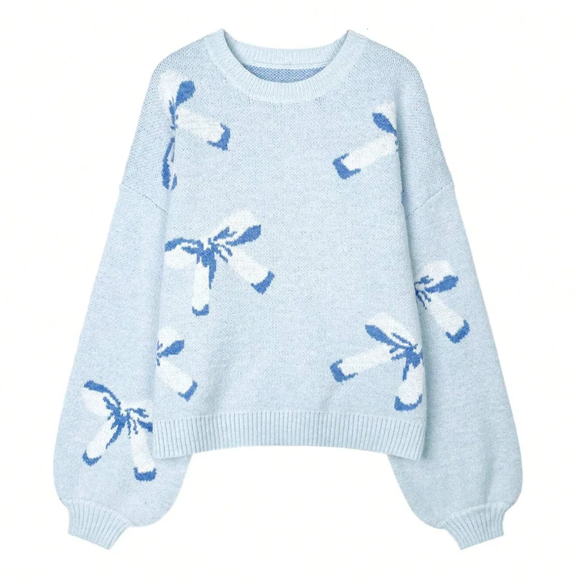 Trendy Womens Sweater 2024 Autumn Winter Oneck Long Sleeve Bow Pattern Loose Lovely Pullover Knitted Woman Top 241203