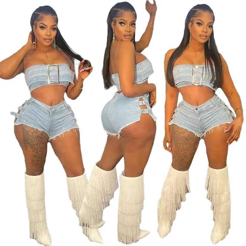 Women's Two Piece Pants 2 Pieces Sexy Summer Spring Fashion Women Set 2024 Strapless Slveless Denim Jeans Tops And Shorts Suit Matching Sets Outf