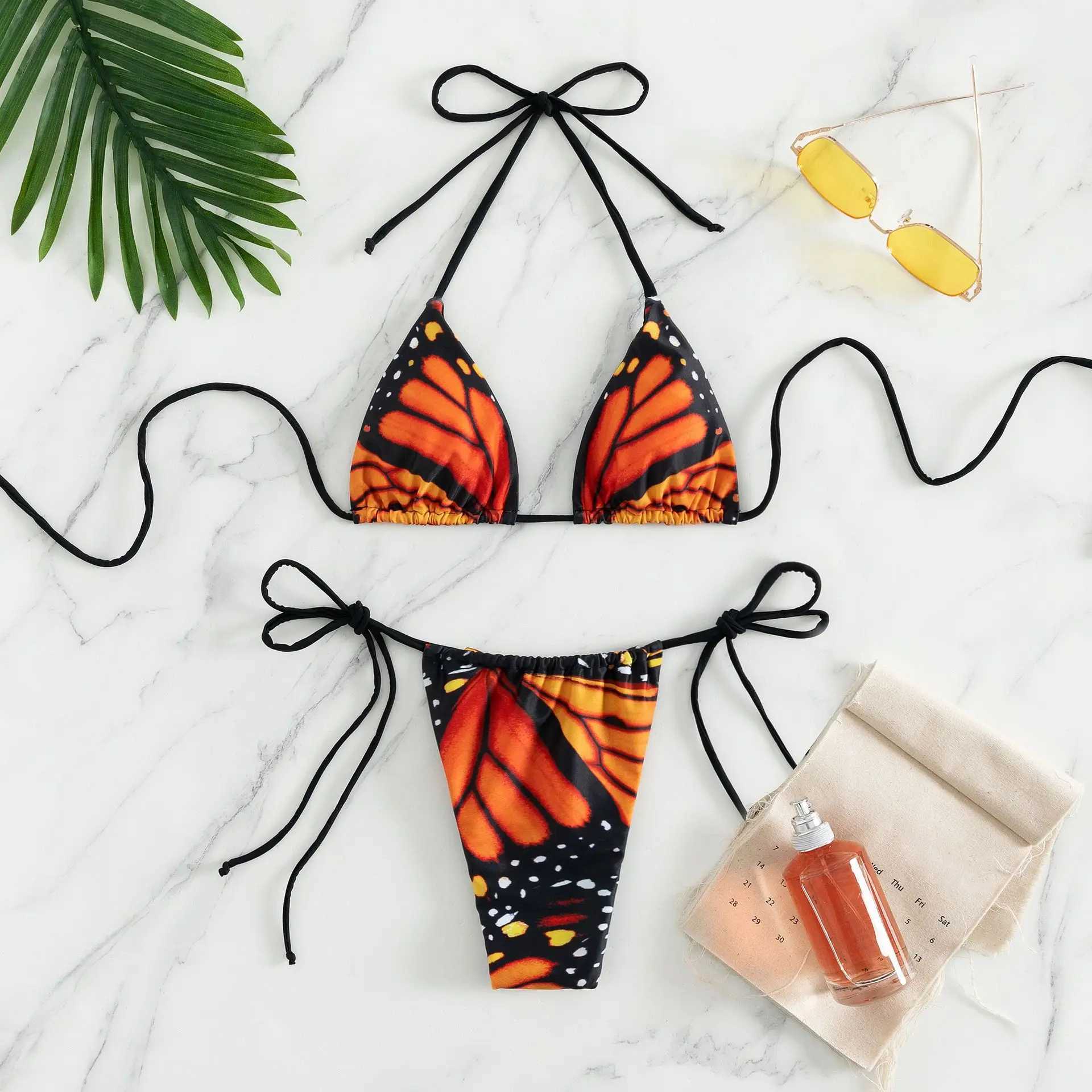 Sexy women print halter string micro bikini sets two pieces swimsuit Swimwear bathing suit beach outfits biquiniXJ241212