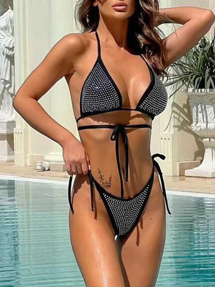 Shiny Sequin Diamond Bikini Women Swimwear Fa Swimsuit Two-pieces Bikini Set Wrap Around Halter Bathing Suit Swim Beach WearXJ241212