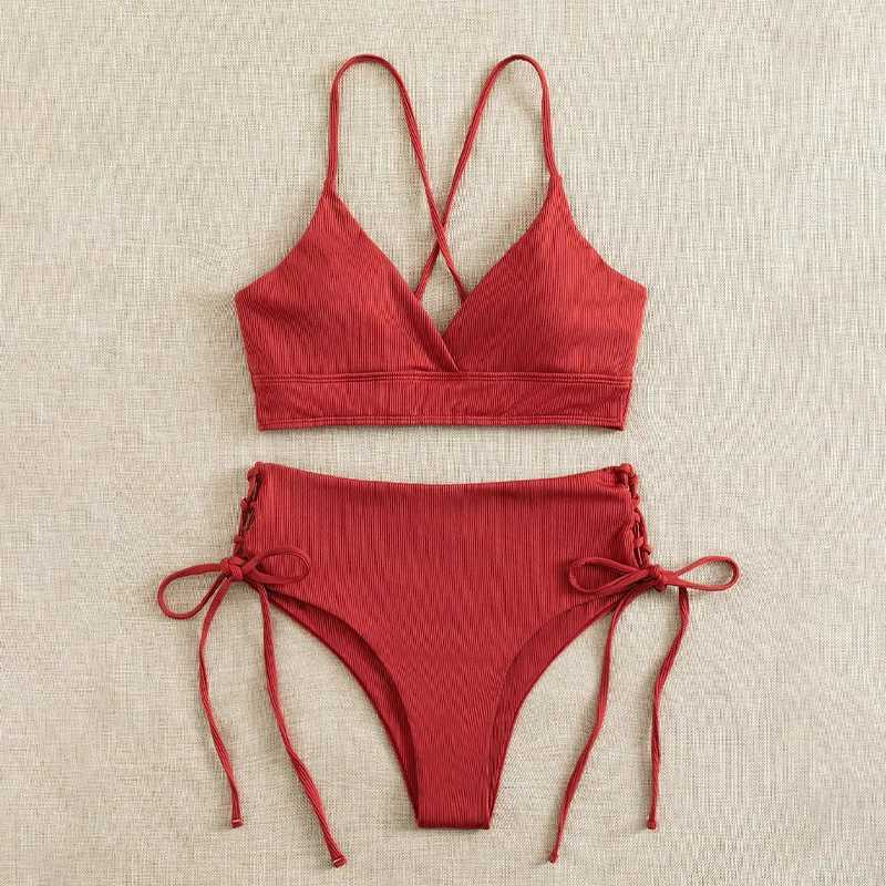Cikini-V-Neck Split Bikini Set for Women Sexy Swimsuit Lace Up Triangular Bikinis Solid Color Beach Swimwear Bathing SuitXJ241212
