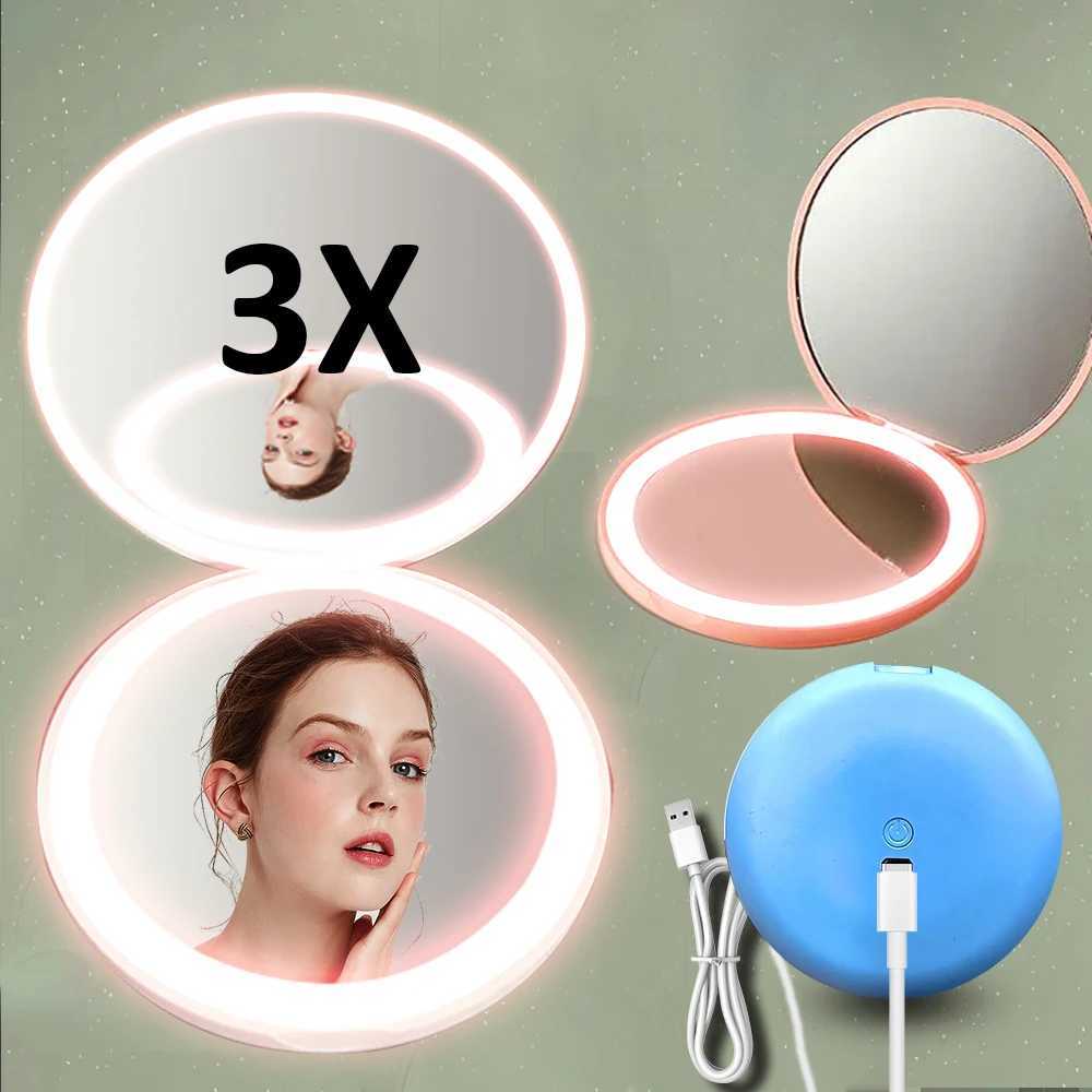 Women 2 Side Folding Makeup Compact Pocket Mirror Personalized Small LED Light Cosmetic Luminous Effect Pink White Mini MirrorXJ241213