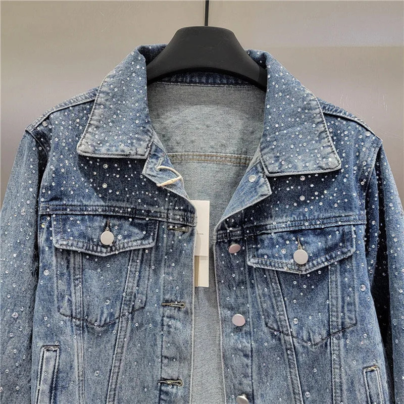 DEAT heavy-duty industrial diamond denim womens jacket 2024 autumn loose long sleeved street jacket womens trend 11A0436 241209