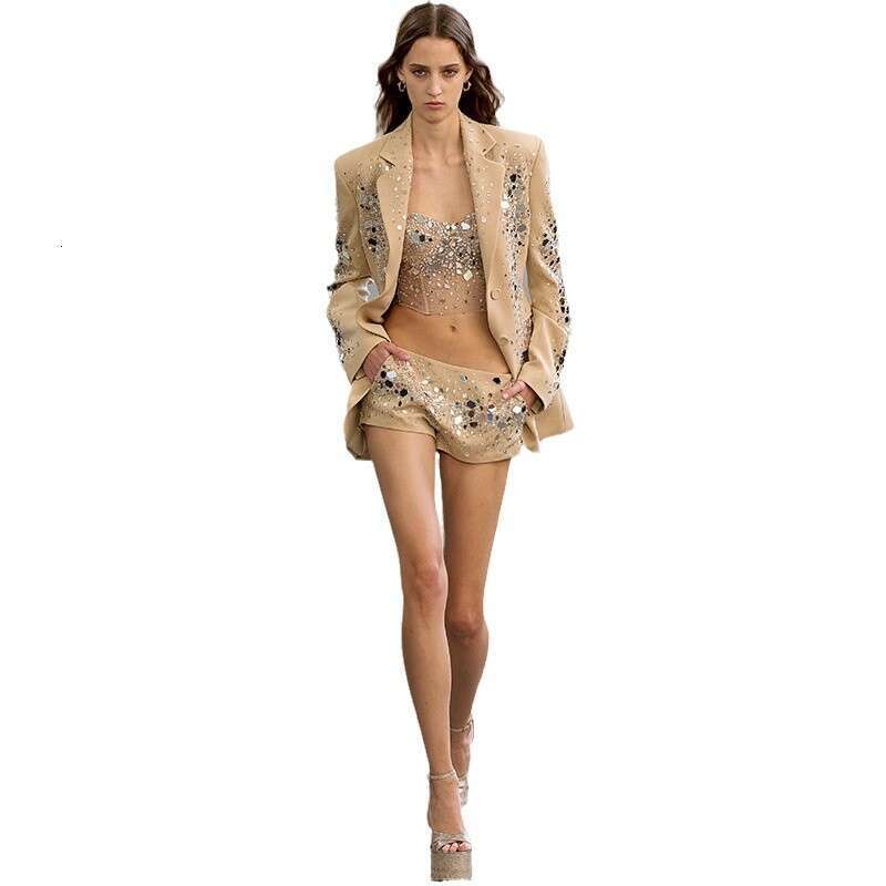 Ladies' Suit HIGH QUALITY Newest Fashion Designer Runway Suit Women's Stunning Beaded Mirror Blazer Shorts Set 2Pcs