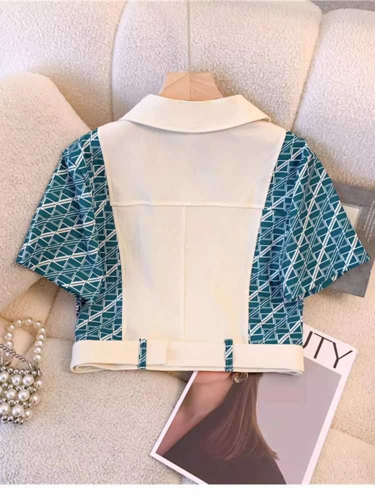 Women's Two Piece Pants Summer Korean Commuter High Waist 2-Piece Set Women New Polo Collar Color Matching Belt Top+Wide Leg Shorts Casual Elegan