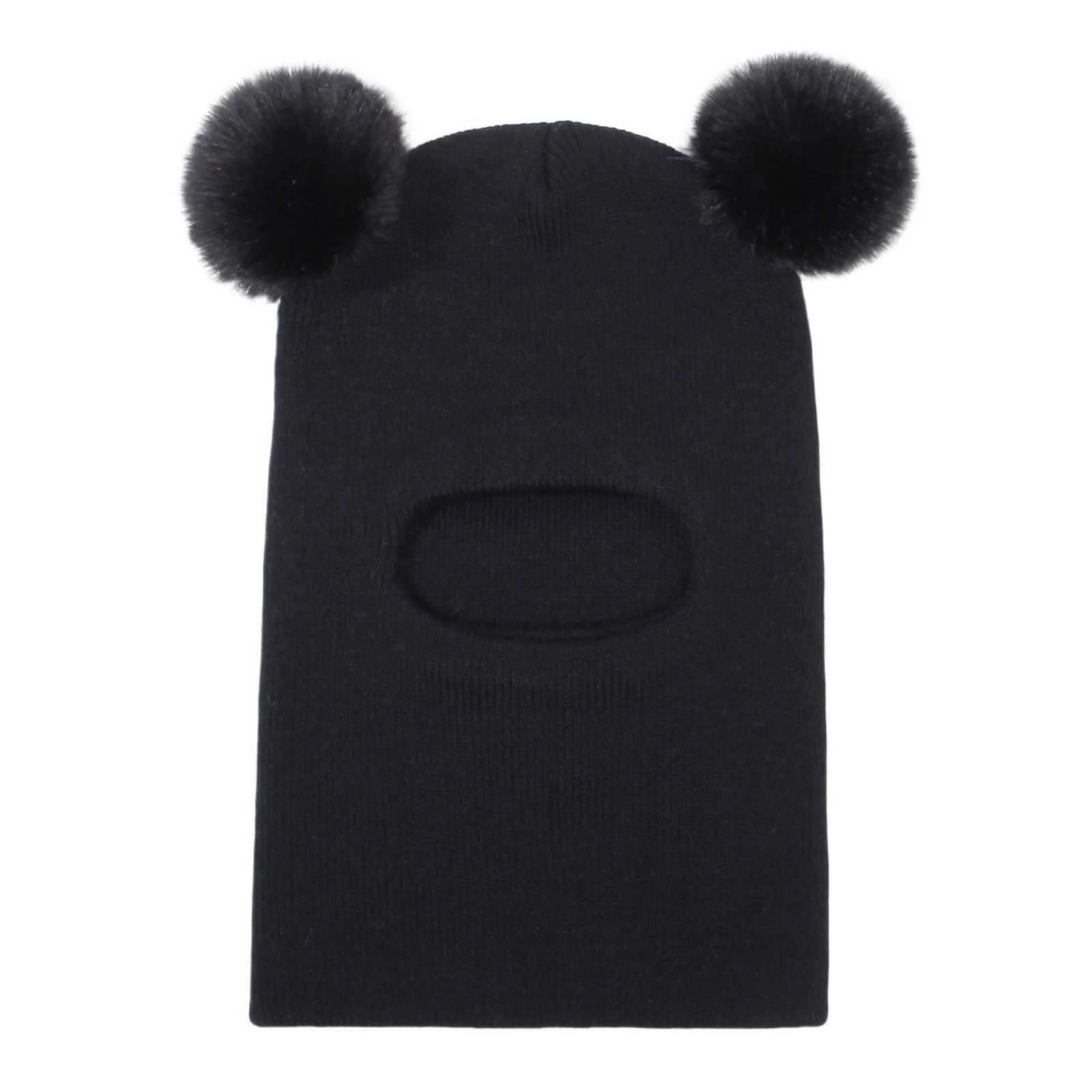 Autumn Winter Balaclava Hats For Children Double Balls Ear Protection One-piece Hat Scarf Cute Pompom Ball Boys Girls Wool CapXJ241213