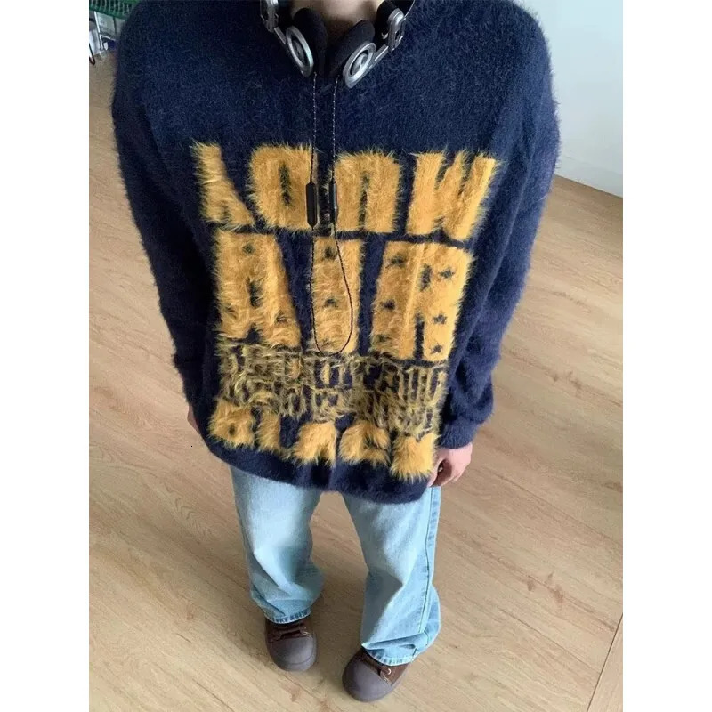 oimg Netmap American Mink Fur Letter Loose For Men Couple Autumn And Winter Lazy Knit Sweater 241213