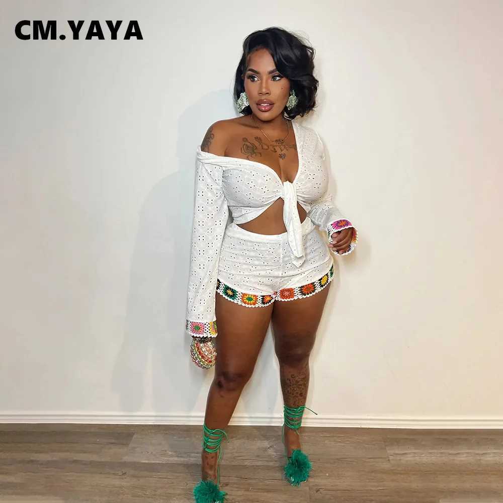 Women's Two Piece Pants CM.YAYA Knitted Hollow Out Womens Set Full Slve V-neck Tops and Shorts Suits 2024 Autumn Casual Party Two 2 Piece Set Out